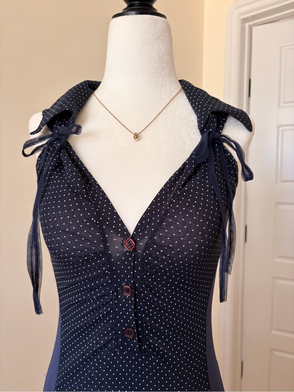 Vintage Polka Dot Chiffon Dress with Drop Waist and Button Detail - Picture 3 of 7